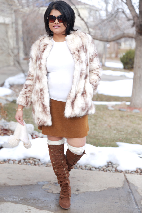 Zara Faux Fur Coat with Jersey Flare Skirt in Camel. Wear it in winter with leggings or transition it with tall boots to spring.