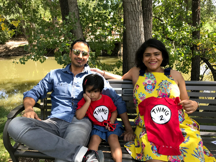 A fun way for pregnancy announcement with Thing 1 and Thing 2 tees. Thing One and Thing Two are Cat in the Hat characters by Dr Seuss.