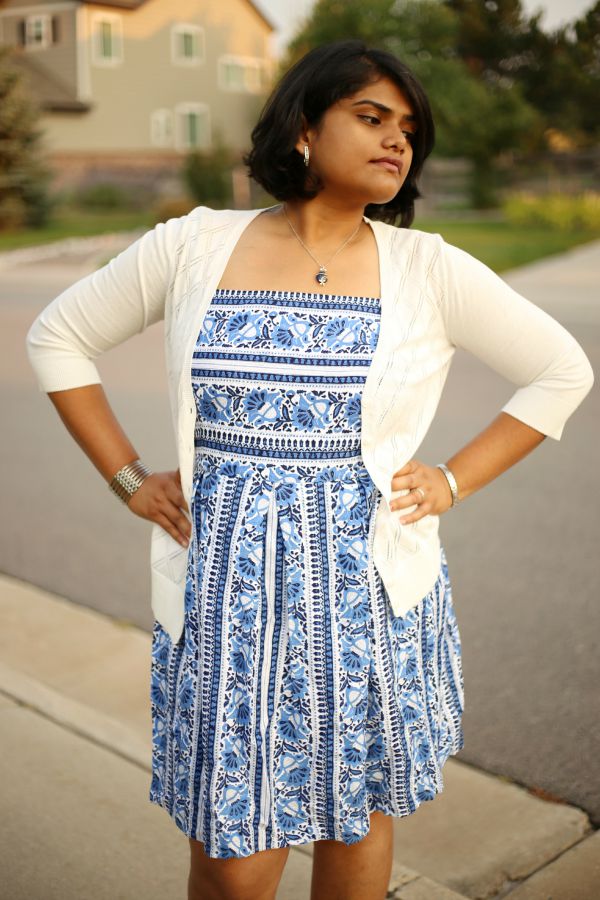 Loft Blue Printed Sundress with light cardigan