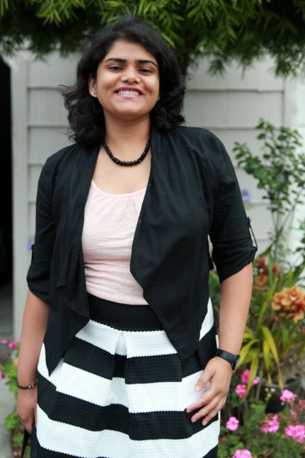 Black and White Striped Full Skirt with Peach Top and Black Jacket