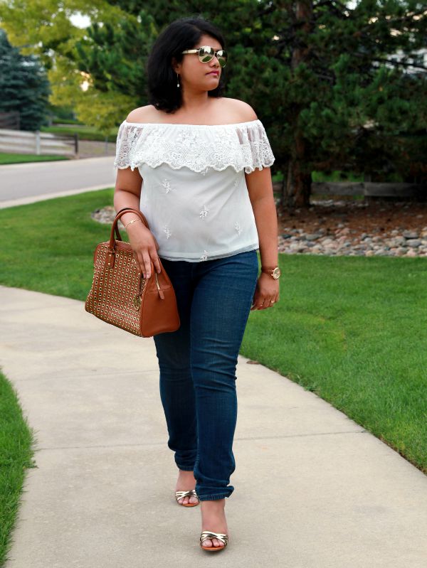 Lace Off-Shoulder Top with Skinny Jeans