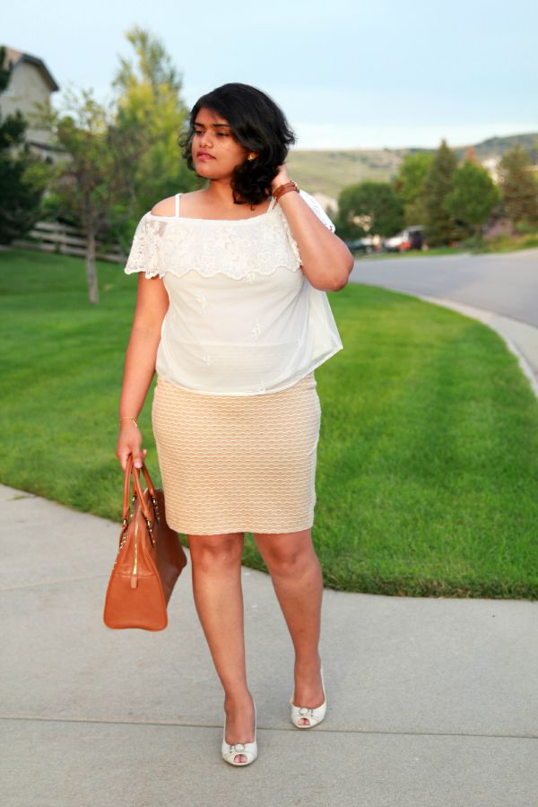 Lace Off-Shoulder Top with LOFT Pencil Skirt