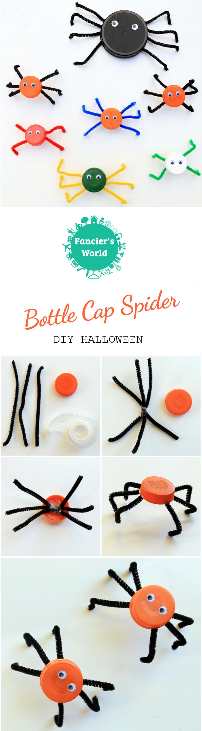 DIY Halloween - Steps for making Bottle Cap Spiders!