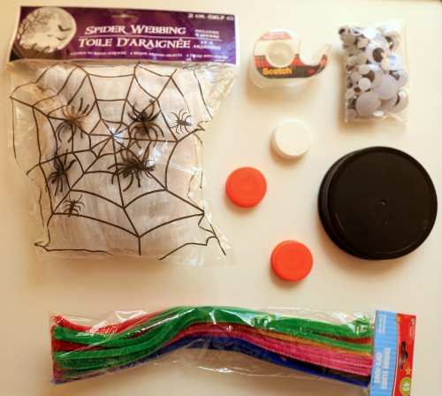 Supplies for DIY Bottle Cap Spiders for Halloween