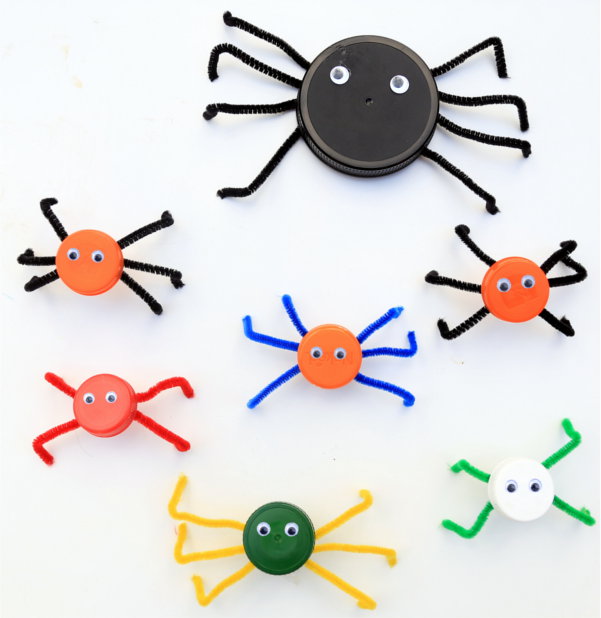Colorful DIY Bottle Cap Spiders for Halloween