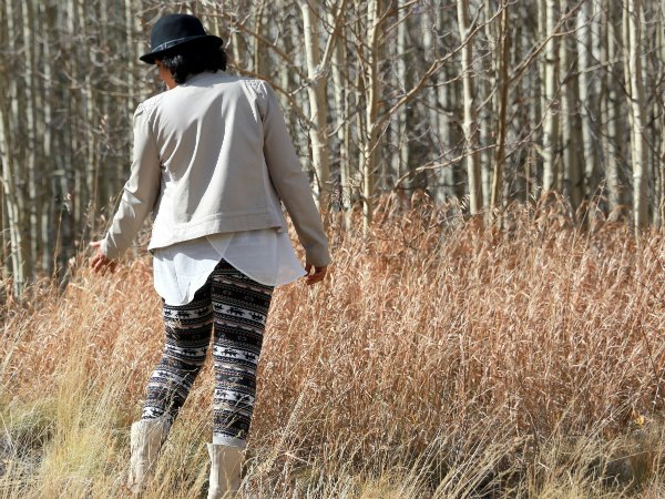 Fair Isle Leggings with Ivory Top, Wool Fedora Hat and Leather Jacket