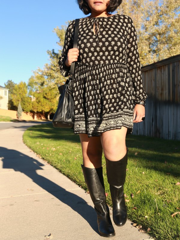 Black Boho Printed Dress with Bucket Bag and Tall Riding Boots!