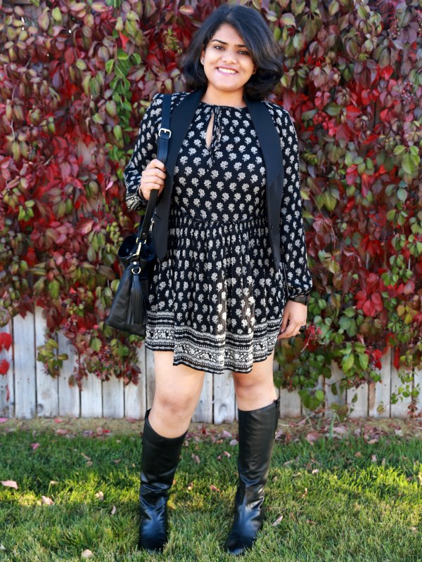 All Black Outfit with Boho Printed Dress from ZARA and Waist Coat