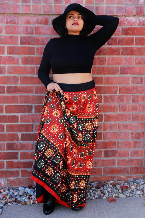 Ethnic Indian Ghagra styled as Boho Maxi Skirt with a Crop Top and Boots