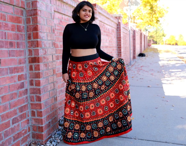 Ethnic Indian Ghagra styled as Boho Maxi Skirt with a High Neck Longe Sleeves Crop Top
