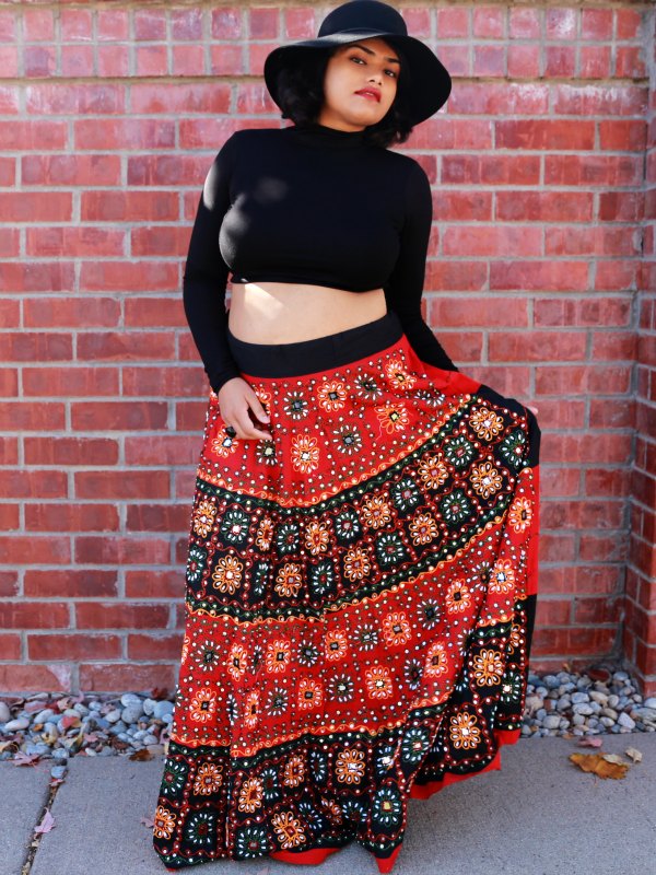 Ethnic Indian Ghagra styled as Boho Maxi Skirt with a Crop Top and Hat