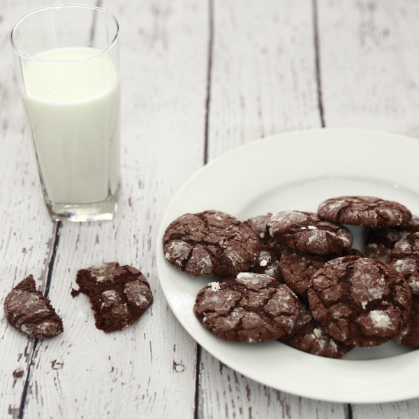 Chocolate Espresso Snowcap Cookies with a Tall Glass of Milk!