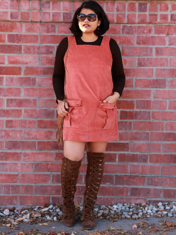 70s Corduroy Overall Dress from ASOS paired with chocolate brown sweater