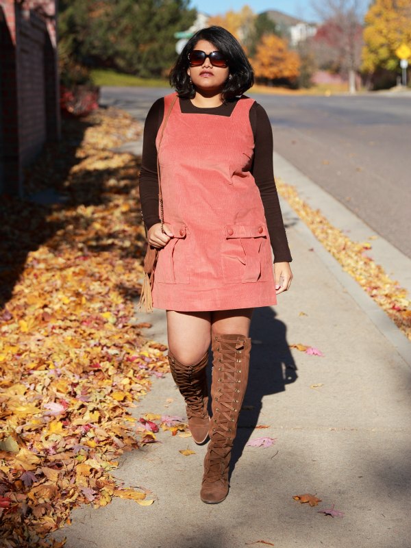 ASOS Cord Overall dress with Brown Sweater and Free Peope Johnny Tall Boots