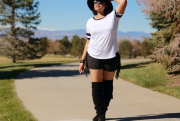 ASOS Fringed Shorts and Suede OTK Boots in Black & White