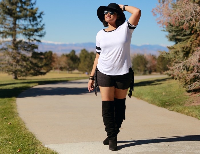 Boho Fringed Suede Shorts and OTK Boots in Black & White