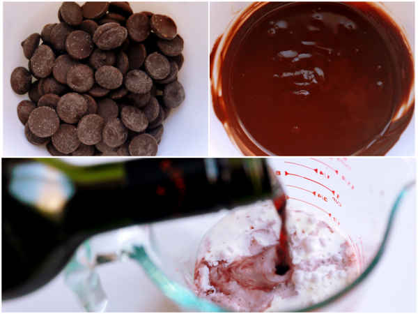 Melt the chocolate and mix the milk & wine for the chocolate wine bundt cake batter.