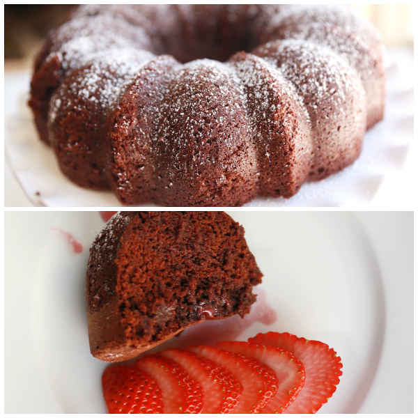 Dust the chocolate wine bundt cake with confectioner's sugar. Drizzle with wine glaze before serving!