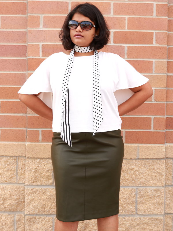 Leather Pencil Skirt with Cape Top and Skinny Scarf.