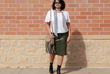 Leather Pencil Skirt in Khaki with Cape Top and Skinny Scarf. Ready for the weekend shopping with the Patent Ankle Boots and Fringed Bag!