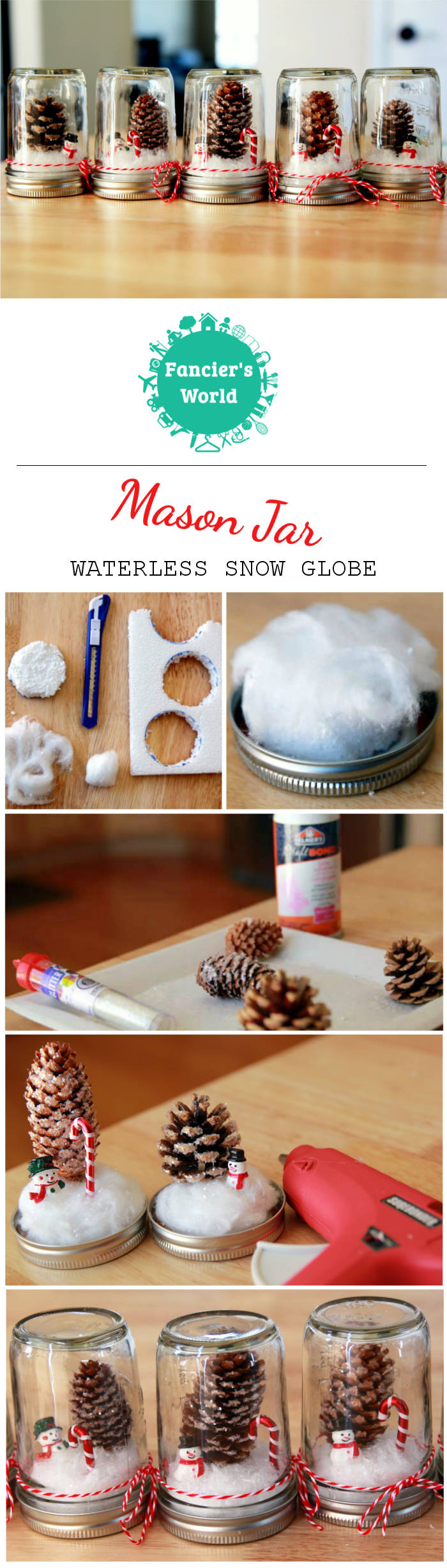 Steps for making DIY Mason Jar Waterless Snow Globe. It is perfect as a Holiday Gift or Party Favor for Winter Wonderland Themed Party.