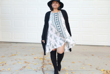 Free People Boho Printed Slip Dress with swingy silhouette and ruffle hem, worn with long cardigan and over the knee boots.