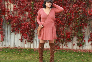 Free People Wrap Dress with Knee High Suede Lace-Up Boots and Cap!