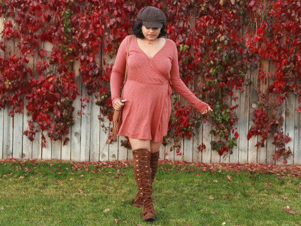 Free People Wrap Dress with Knee High Lace-up Suede Boots and Wool Cap.