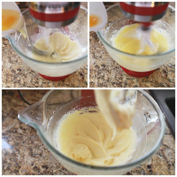 Beat the butter with sugar and eggs to get a light and fluffy mixture for the classic yellow cupcakes.