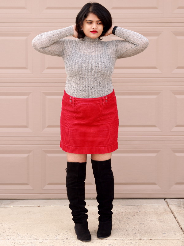 Loft Cherry Red Corduroy Mini Skirt worn with Grey Zara Sweater Top. Wear with over the knee boots to elongate your legs.