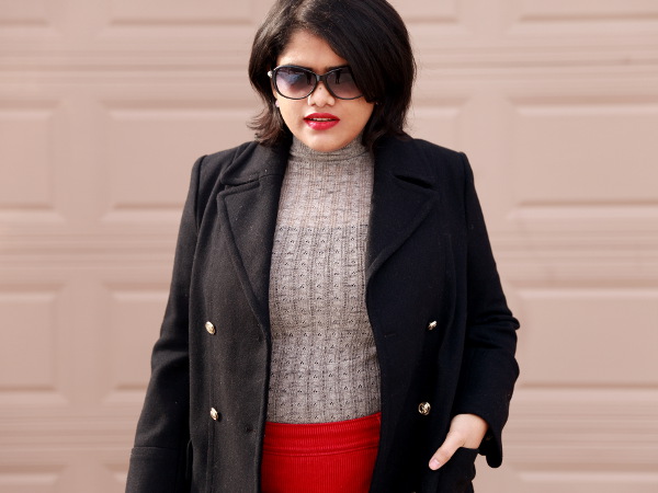 Loft Cherry Red Corduroy Mini Skirt worn with Grey Zara Sweater Top. Wear with over the knee boots to elongate your legs.