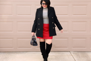 Loft Cherry Red Corduroy Mini Skirt worn with Grey Zara Sweater Top. Wear with over the knee boots to elongate your legs.