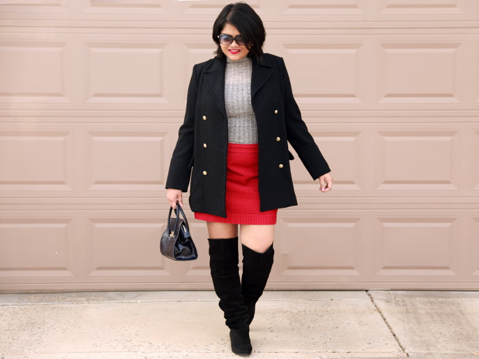 Loft Cherry Red Corduroy Mini Skirt worn with Grey Zara Sweater Top. Wear with over the knee boots to elongate your legs.