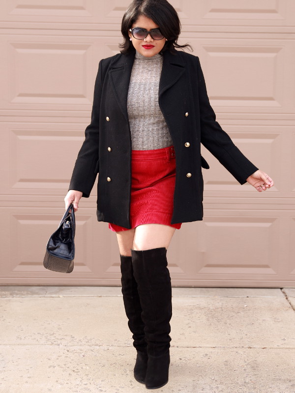 Loft Cherry Red Corduroy Mini Skirt worn with Grey Zara Sweater Top. Wear with over the knee boots to elongate your legs.