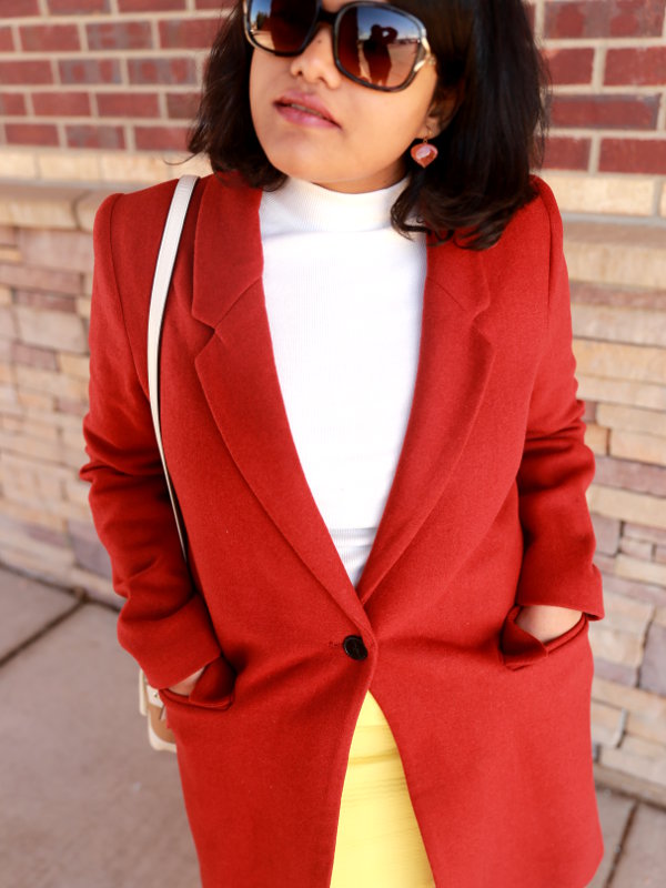 Add Color Pop to Red for your Valentine's Day Outfit. Paired red Zara coat with a lemon yellow skirt.