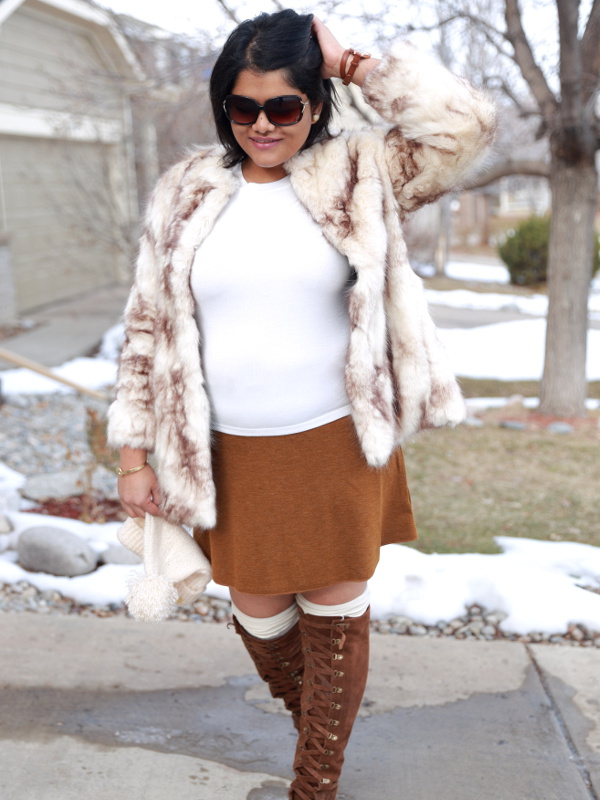 Zara Faux Fur Coat with Jersey Flare Skirt in Camel. Wear it in winter with leggings or transition it with tall boots to spring.