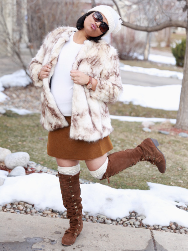 Zara Faux Fur Coat with Jersey Flare Skirt in Camel. Wear it in winter with leggings or transition it with tall boots to spring.