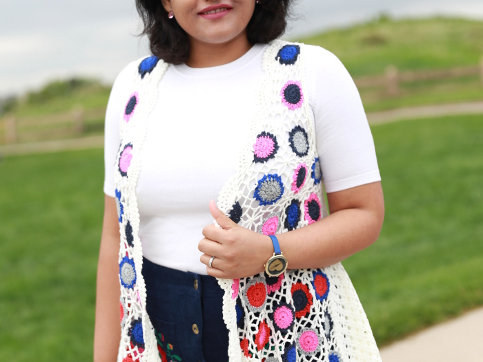 You are your own rainbow. Embroidered Pocket A Line Skirt with Boho Patchwork Crochet Swing Cardigan makes for a vibrant and colorful outfit.