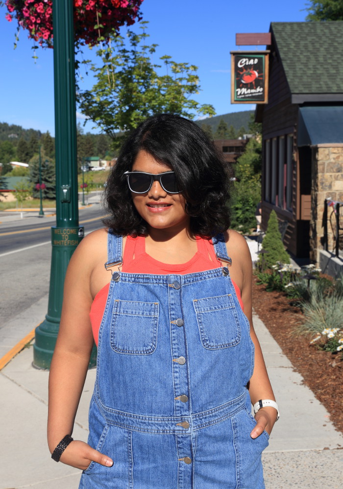 Wearing ASOS blue denim overall dress with Fabletics red sports tank top. 