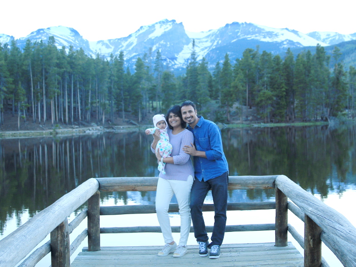Get to Know Me - Richa Kamal from Fancier's World. Family picture at Spruce Lake in Rocky Mountain National Park.