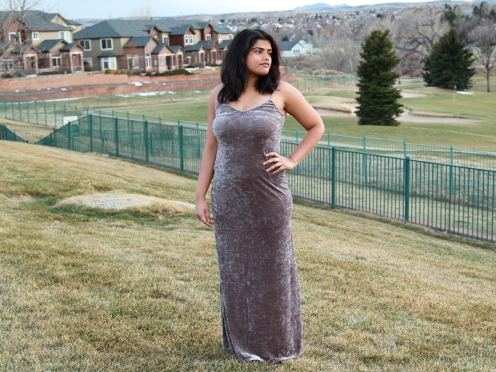 Get to Know Me - Richa Kamal from Fancier's World. No makeup bare look with a velvet slip dress.