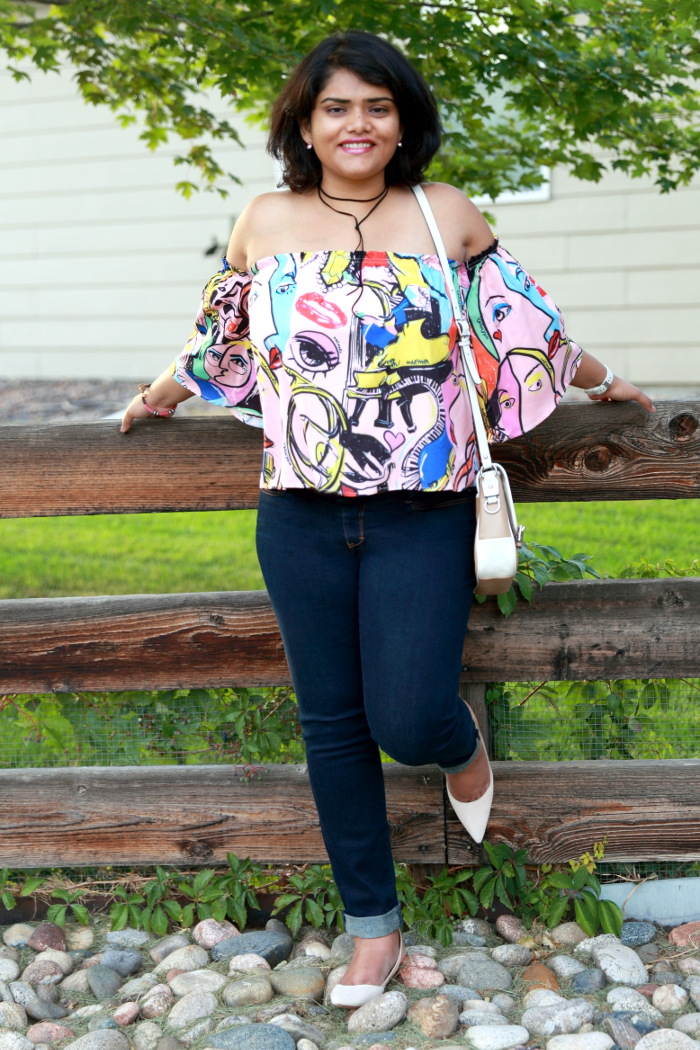 What face are you wearing today? Quirky off-shoulder top from Romwe.