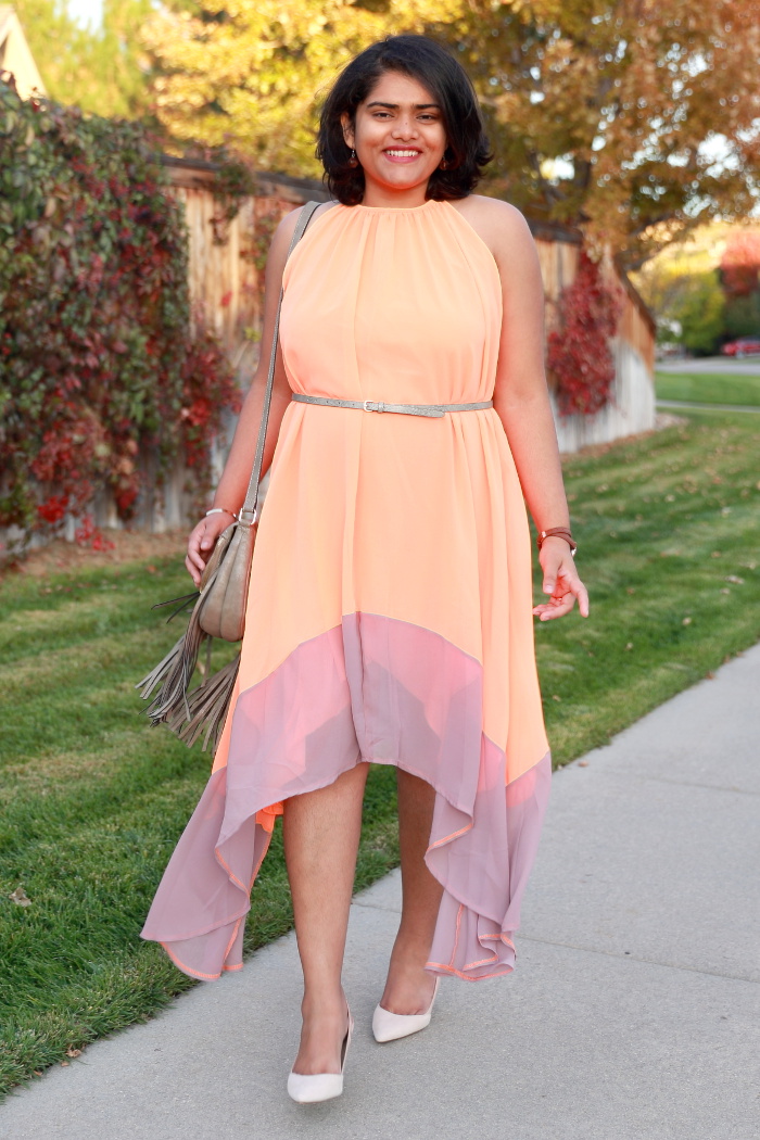 Transitional layering for fall with colorblock asymmetrical dress from SheIn. Inspired by crisp sunburnt leaves swirling in the autumn breeze.