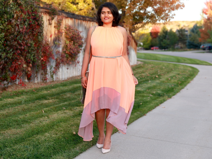 Transitional layering for fall with colorblock asymmetrical dress from SheIn. Inspired by crisp sunburnt leaves swirling in the autumn breeze.