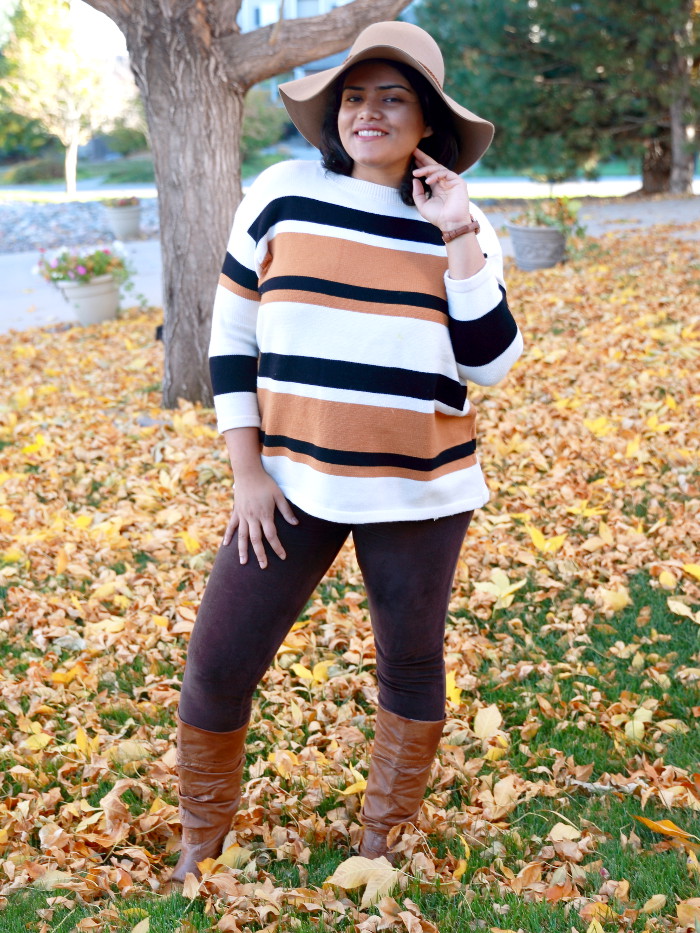 Striped sweater is a fall essential just like a striped tee is for summer. Wear it with your favorite pair of jeans or leggings to create a casual look.