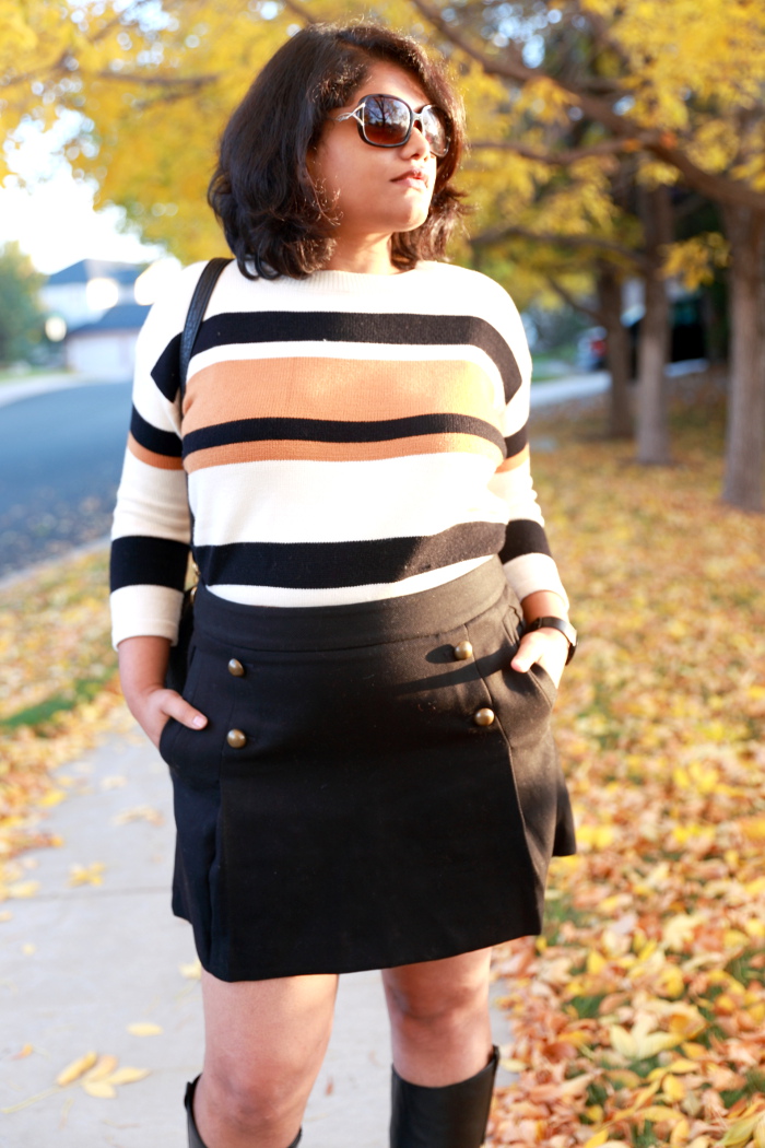 Striped sweater is a fall essential just like a striped tee is for summer. You can wear it with formals and casuals to dress it up or down. Wear it like a tee or layer it.