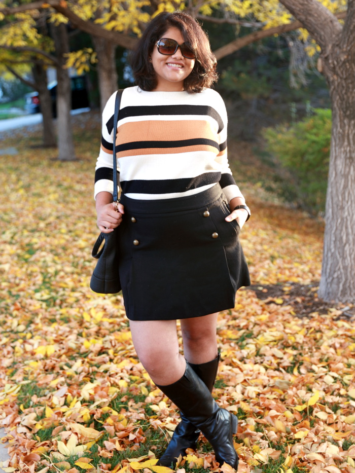 Striped sweater is a fall essential just like a striped tee is for summer. Wear it with a short skirt and tall boots to create a fun or semi-formal look. 