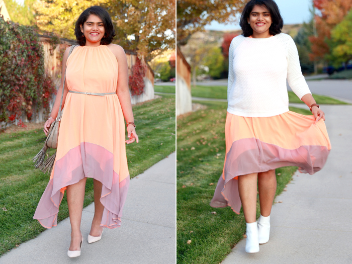 Transitional layering for fall with colorblock asymmetrical dress from SheIn. Inspired by crisp sunburnt leaves swirling in the autumn breeze.