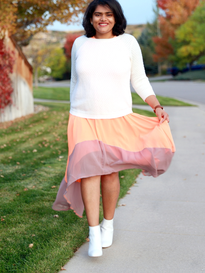 Transitional layering for fall with colorblock asymmetrical dress from SheIn. Inspired by crisp sunburnt leaves swirling in the autumn breeze.