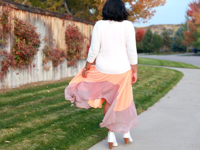 Transitional layering for fall with colorblock asymmetrical dress from SheIn. Inspired by crisp sunburnt leaves swirling in the autumn breeze.